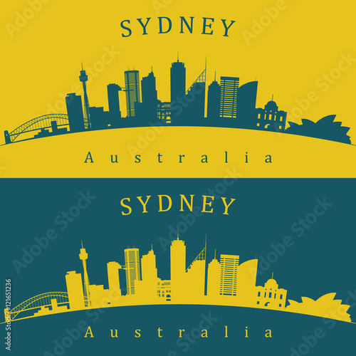 Two Sydney skylines in green and yellow background. Editable vector file.