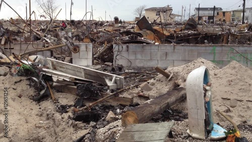 BREEZY POINT, QUEENS, NY-December 2, 2012: Video clip of wreckage and debris from homes destroyed by devastating fire during Hurricane Sandy.  111 homes were destroyed in the out-of-control blaze.