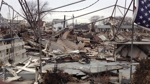 BREEZY POINT, QUEENS, NY-December 2, 2012: Video clip of wreckage and debris from homes destroyed by devastating fire during Hurricane Sandy.  111 homes were destroyed in the out-of-control blaze.