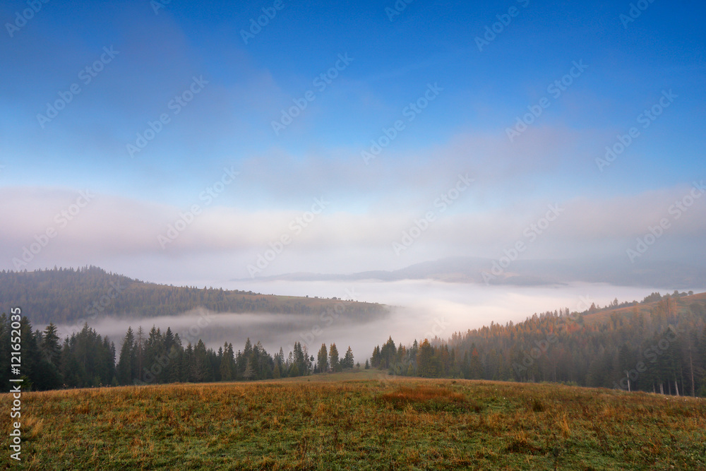 Autumn September foggy morning in mountains Autumn September foggy morning in mountains