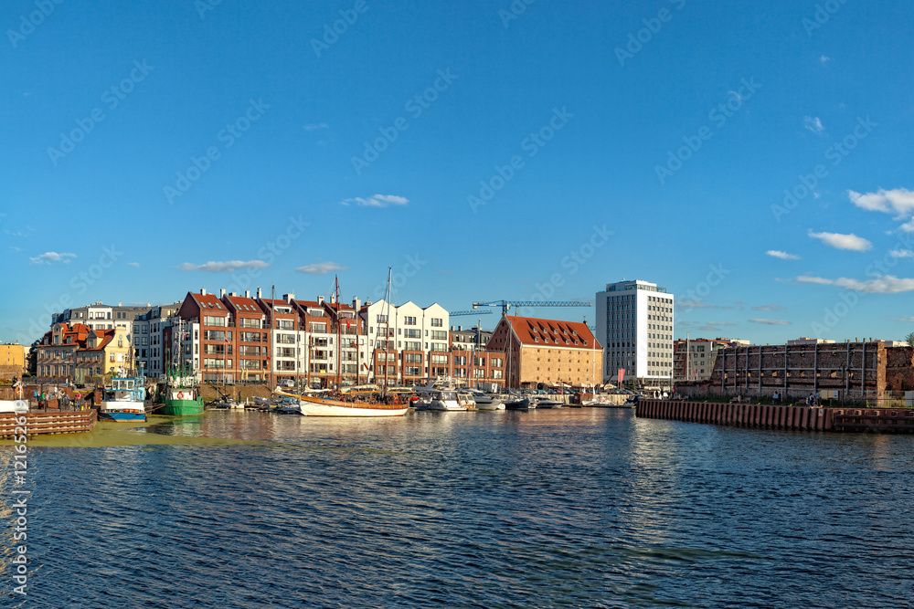 A view of a boats moored popular marina in Gdansk, Poland. 