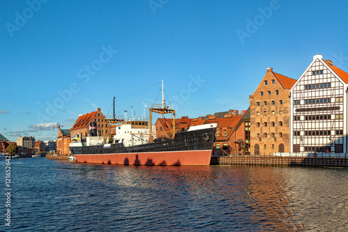 View over the Motlawa River on Granary Island in Gdansk, Poland.