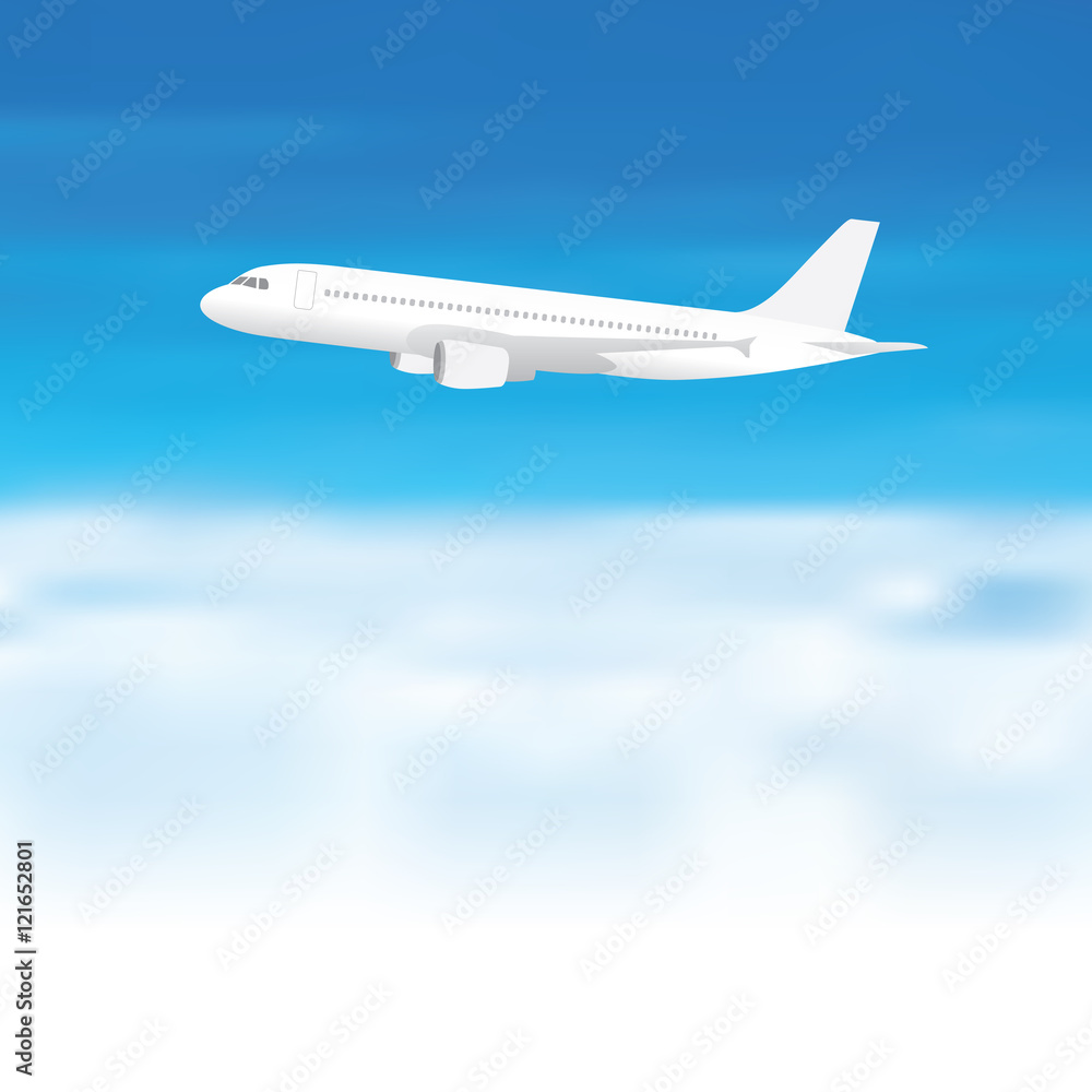 White aeroplane on blue sky cloud background