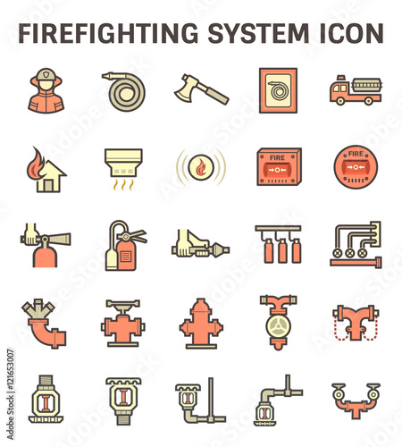 Firefighting system, equipment vector icon i.e. alarm, sprinkler, hose, extinguisher, firefighter or fireman for emergency, rescue, fire suppression by water, chemical. To safety, protection building.