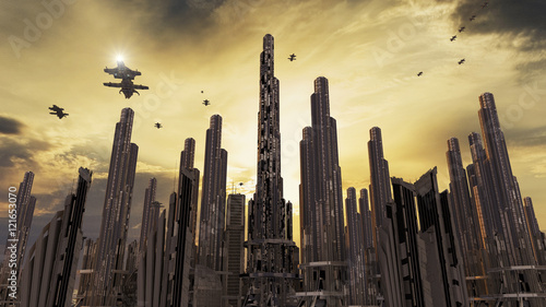 Fotografie Spaceship and futuristic city