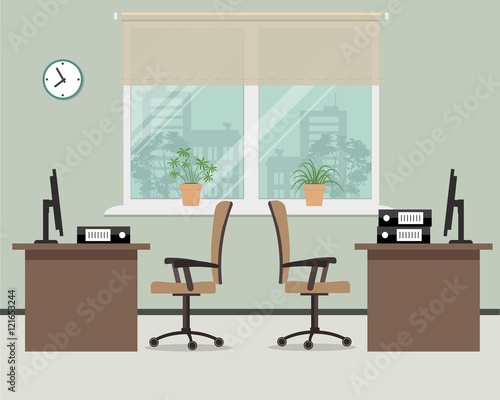 Workplace for two office workers. Vector illustration. There is a tables, chairs, the computers and other objects in the picture. Office objects are situated on a window background