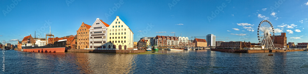 View across the Motlawa River to panorama of Gdansk, Poland.