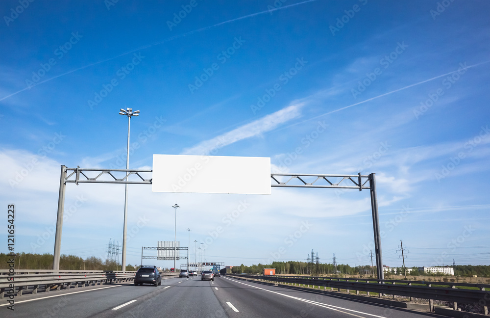 White information banner over traffic lanes - obrazy, fototapety, plakaty 