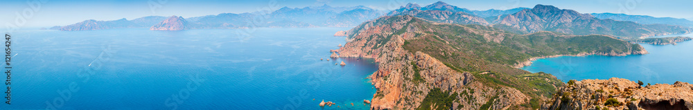 Corsica. Super wide panoramic coastal landscape