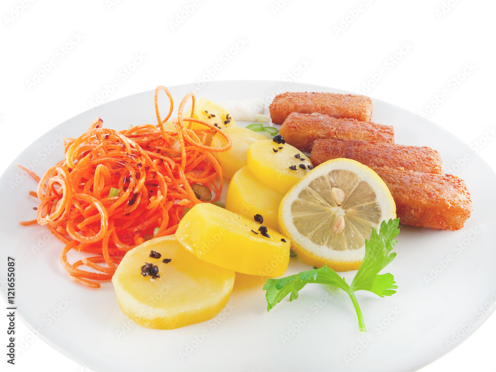 breaded tofu sticks with boiled potatoes, raw carrot balsamic salad and vegan mayonnaise