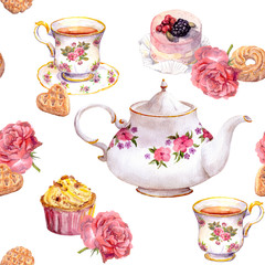 Fotobehang Thee patronen Aquarel theepot met taartjes en bloemen  © zzorik