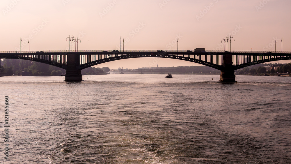 Bridge on the Rhine river, in Mainz, Germany, at sunrise