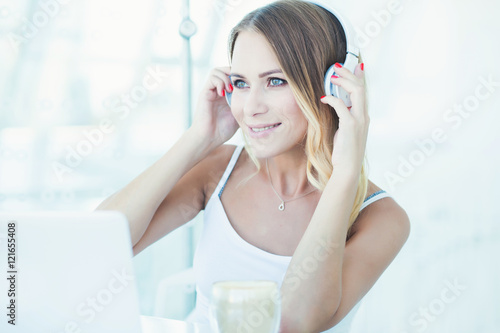 Portrait of beautiful happy smiling young office woman with head
