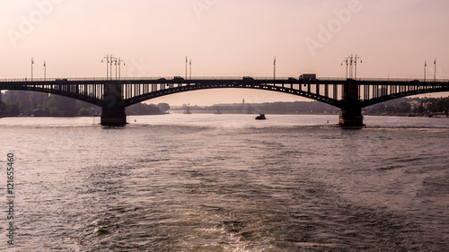 Fototapeta Naklejka Na Ścianę i Meble -  Bridge on the Rhine river, in Mainz, Germany, at sunrise