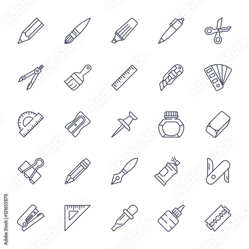 Stationery tools icon set thin line style
