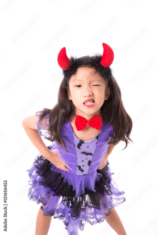 Little witch girl costume isolated on white background, Halloween fashion costume with little witch isolated on white background Little witch girl costume isolated on white background, Halloween fashion costume with little witch isolated on white background