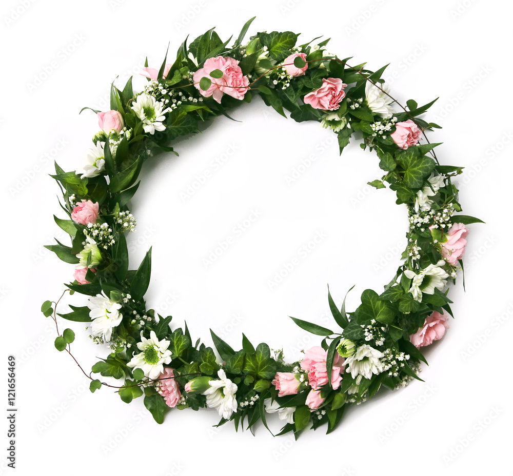 Beautiful pink and white flower wreath isolated Beautiful pink and white flower wreath isolated