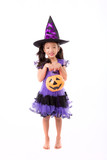 Little witch girl costume isolated on white background, Halloween fashion costume with little witch isolated on white background