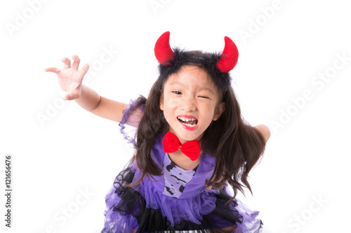 Little witch girl costume isolated on white background, Halloween fashion costume with little witch isolated on white background