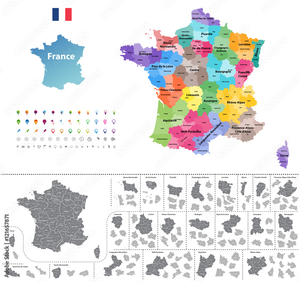 Obraz premium France map colored by regions vector illustration