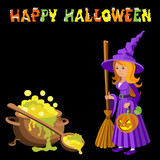 Vector cartoon image of funny witch with red hair purple dress and pointed hat, standing next to a big cauldron potion on black background. Halloween. illustration.