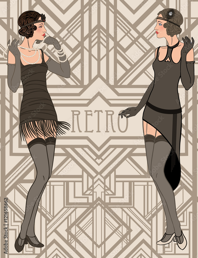 Flapper girl: Retro party invitation design template. Vector ill Stock ...