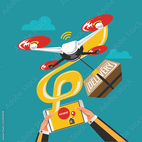 Drone with a box flying in the sky. Vector flat illustration of the modern express package delivery. Shipping, logistic service in business and industry