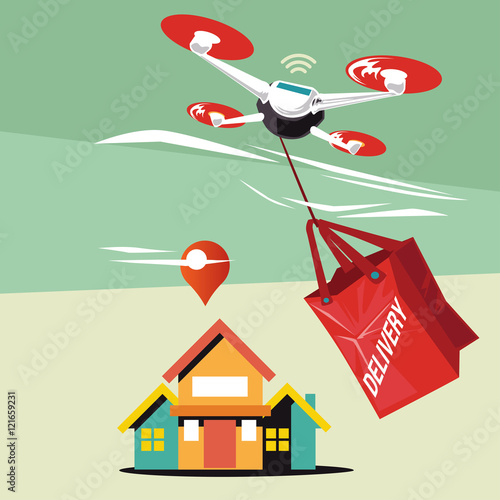 Drone with a box flying in the sky. Vector flat illustration of the modern express package delivery. Shipping, logistic service in business and industry