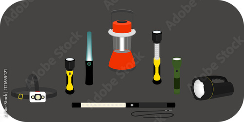 vector illustration various flashlight - headlamp, handlamp, tablelamp photo