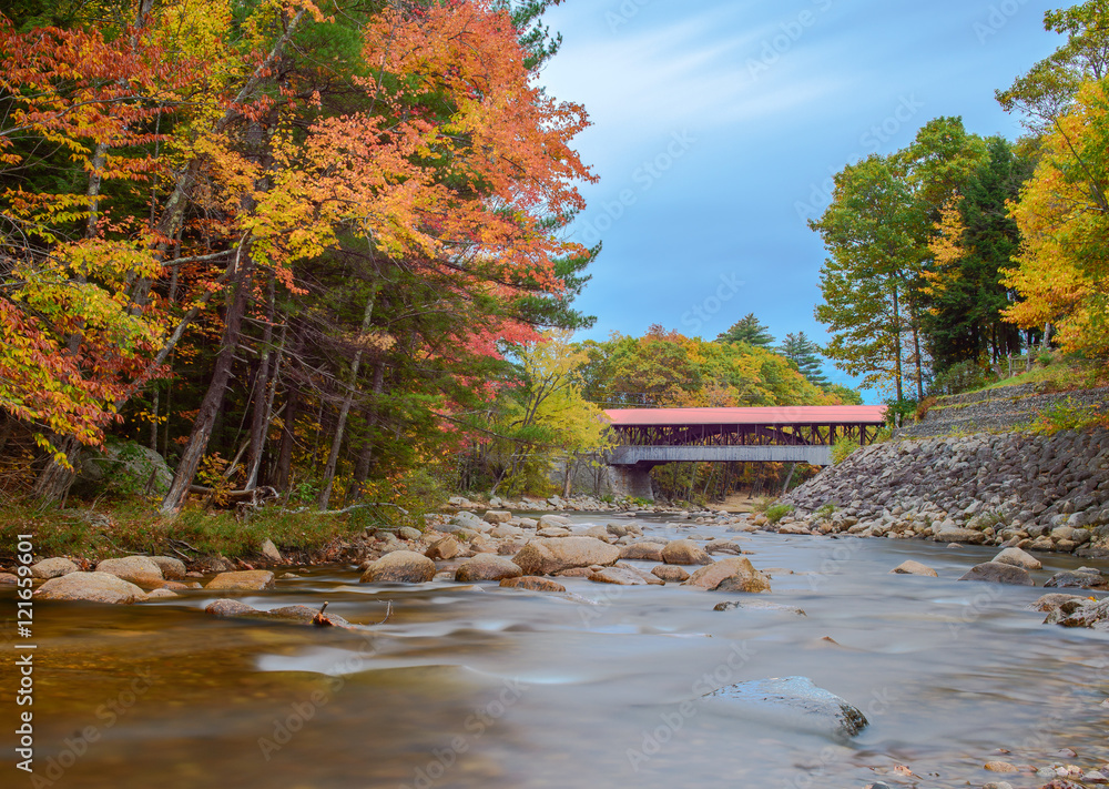 New Hampshire Stream and Covered Bridge with Fall Foliage