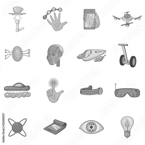 New technologies icons set in black monochrome style. Innovative apps and gadgets set collection illustration
