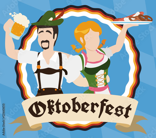 Traditional Bavarian Couple Drinking and Eating During Oktoberfest, Vector Illustration