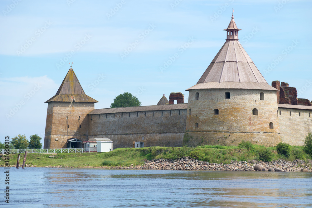 Two ancient towers (Golovin and Sovereign) close-up on a summer day. Oreshek fortress, Shlisselburg