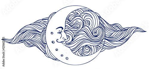 Moon and stars. Vintage engraving style.