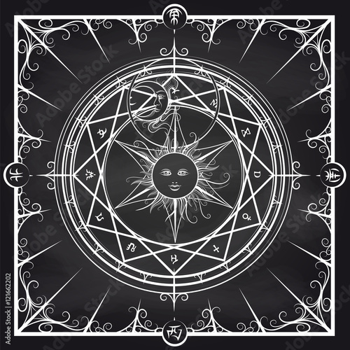 White occult hermetic circle vector illustration. Alchemy magic circle on chalkboard background