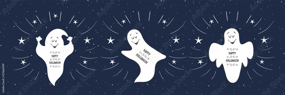 Fototapeta premium Funny ghosts flying in the night sky. Happy Halloween card. Hand