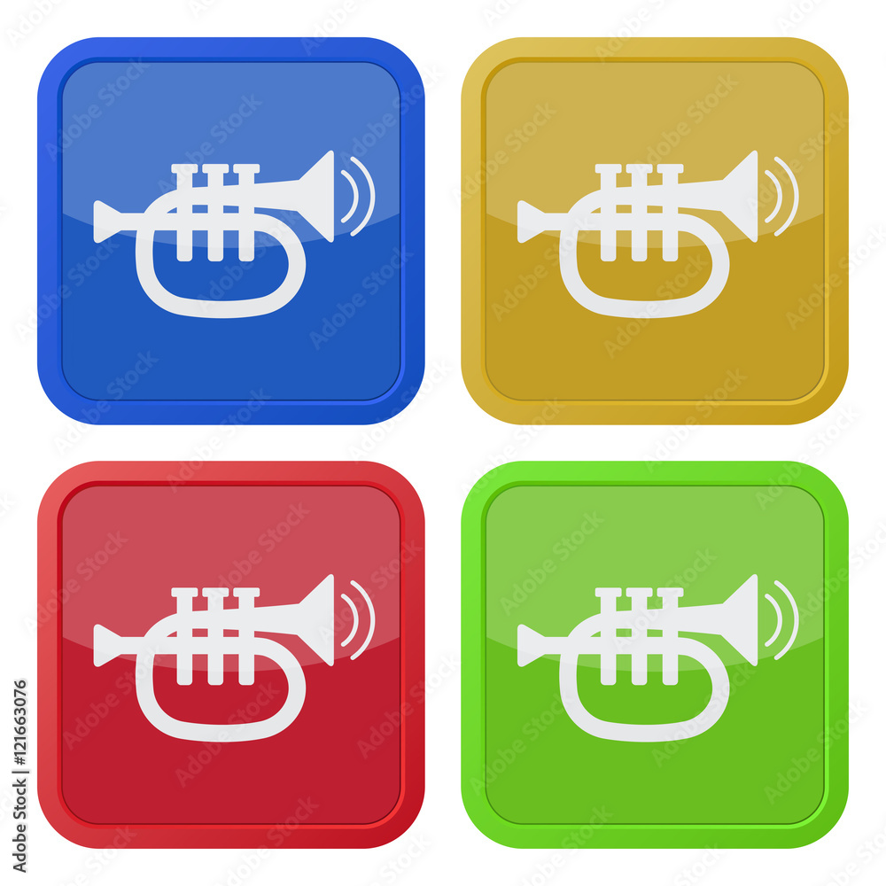 set of four square icons with trumpet set of four square icons with trumpet