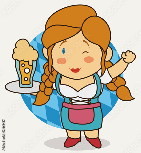 Cartoon Poster with Cute Bavarian Waitress, Vector Illustration