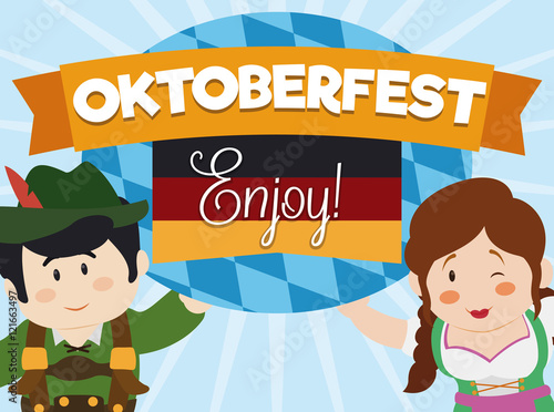 Poster with Cartoon Cute Couple Celebrating Oktoberfest, Vector Illustration