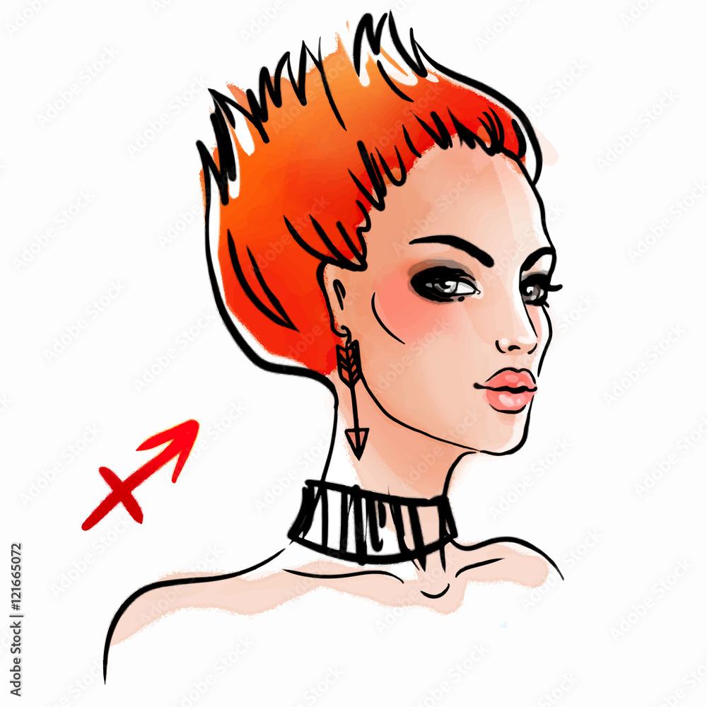 Sagittarius zodiac sign as a beautiful girl. Ink and watercolor fashion illustration Sagittarius zodiac sign as a beautiful girl. Ink and watercolor fashion illustration