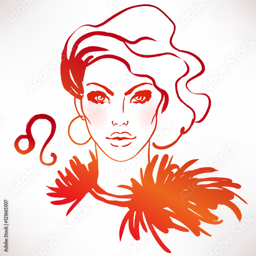 Zodiac girls: Leo zodiac sign as a beautiful girl. Ink and watercolor fashion...