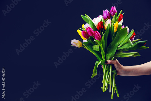 Fototapeta Naklejka Na Ścianę i Meble -  woman's hand gives a bouquet of tulips