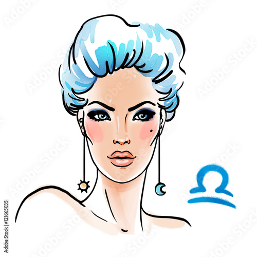 Libra zodiac sign as a beautiful girl. Ink and watercolor fashion vector illustration 