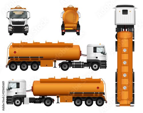 Gas tanker truck trailer vector template. Isolated cargo car on white background.