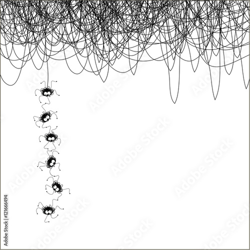 Illustration.The six little spiders to cling to the foot, hang on the spiderweb.