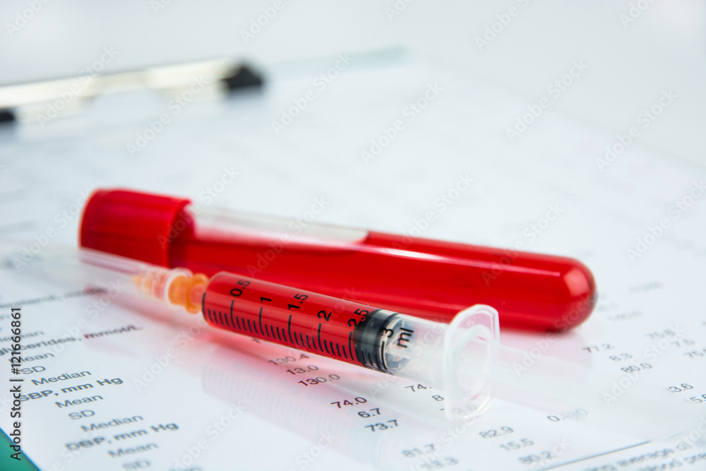 Hematology blood analysis report with lavender color blood sample collection tubes with sunshine background.