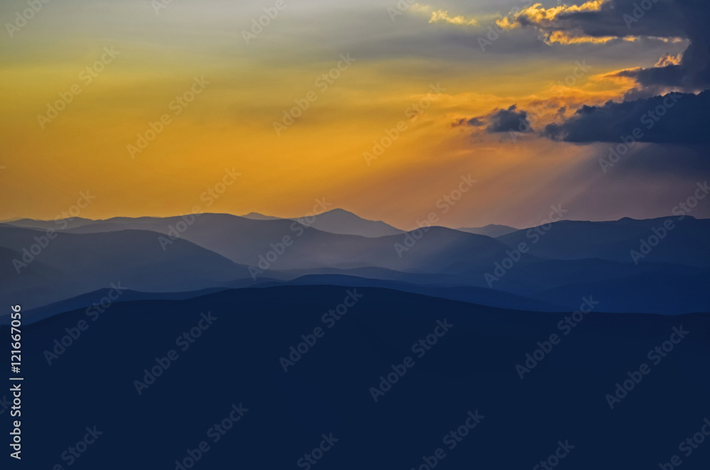 Majestic sunset over the mountain hills , Carpathian ,Ukraine