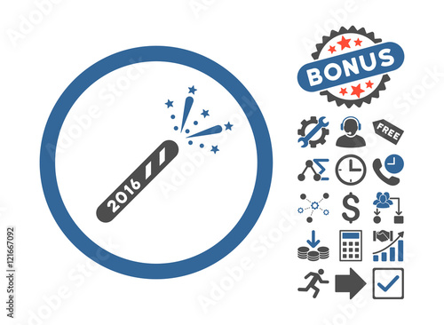 2016 Firecracker icon with bonus pictures. Vector illustration style is flat iconic bicolor symbols, cobalt and gray colors, white background.