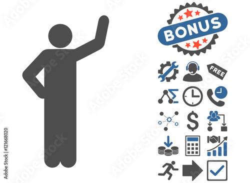 Assurance Pose icon with bonus clip art. Vector illustration style is flat iconic bicolor symbols, cobalt and gray colors, white background.