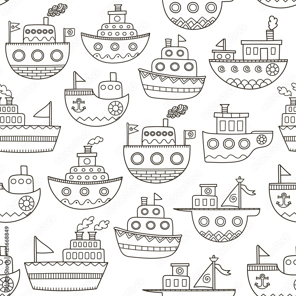 Black and white doodle boats seamless pattern